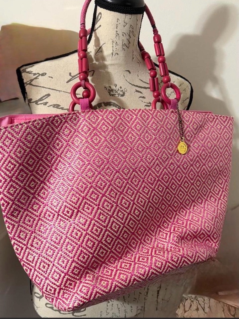 Big Buddha Pink Geometric Woven Tote with Beaded Handles